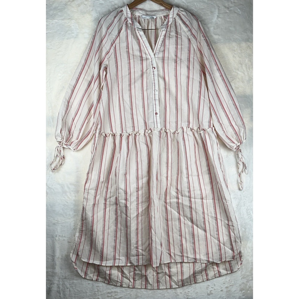 Zara Dress Womens S‎ Ivory Striped Peasant Boho Bohemian Beach Minimalist Retro
